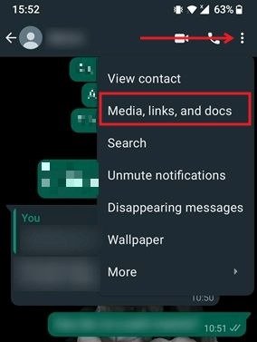 Нажмите на опцию «Медиа, ссылки и документы» в WhatsApp для Android.