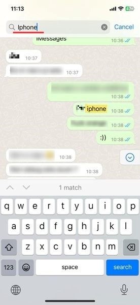 Поиск по ключевому слову в WhatsApp для iOS.