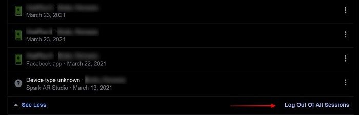 Безопасный рабочий стол Facebook, выход из всех устройств