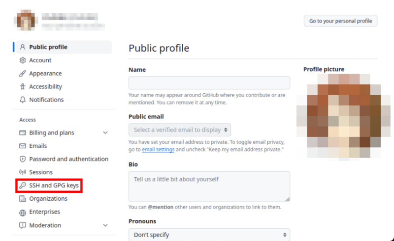 Снимок экрана, на котором показаны параметры ключей SSH и GPG в меню настроек Github.