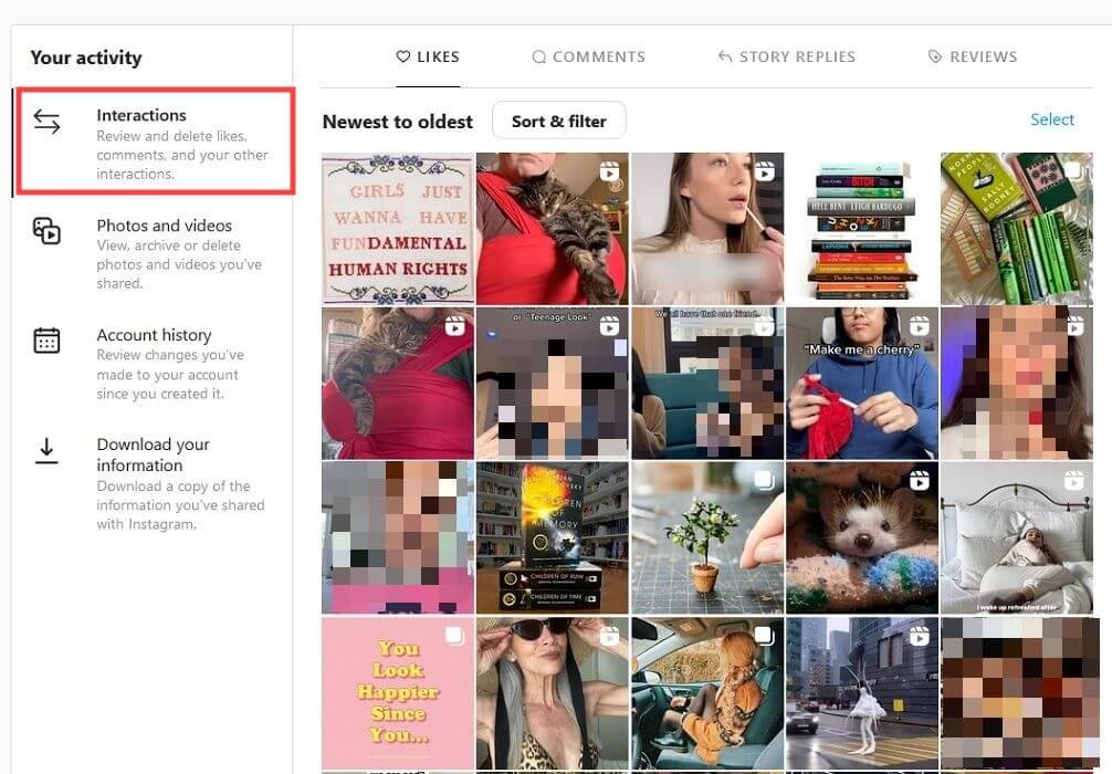 Опция «Взаимодействия» в разделе «Ваша активность» в Instagram для ПК.