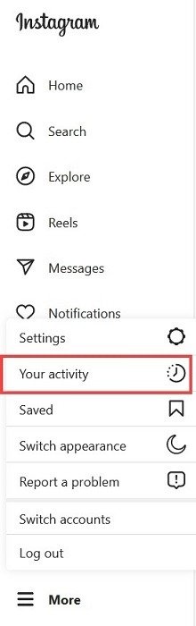 Опция «Ваша активность» в Instagram для ПК.