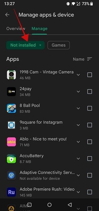 Список «Не установленных» приложений в Google Play Store.