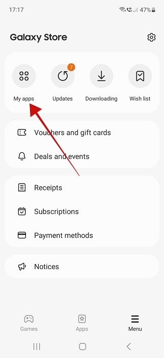 Выбор опции «Мои приложения» в приложении Galaxy Store.