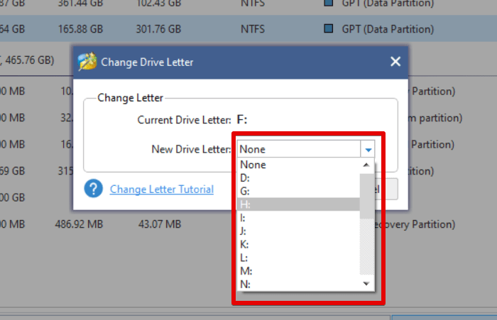 Выберите новую букву диска в Minitool