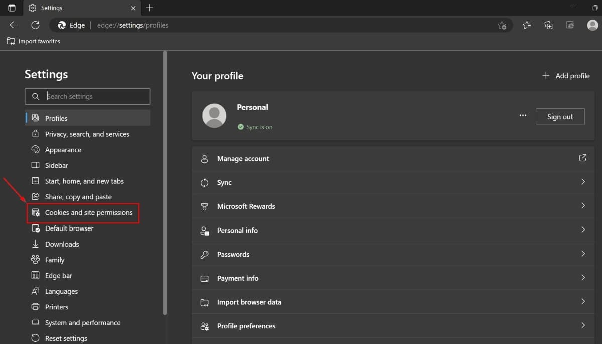 Выберите файлы cookie и разрешения для сайта в Edge