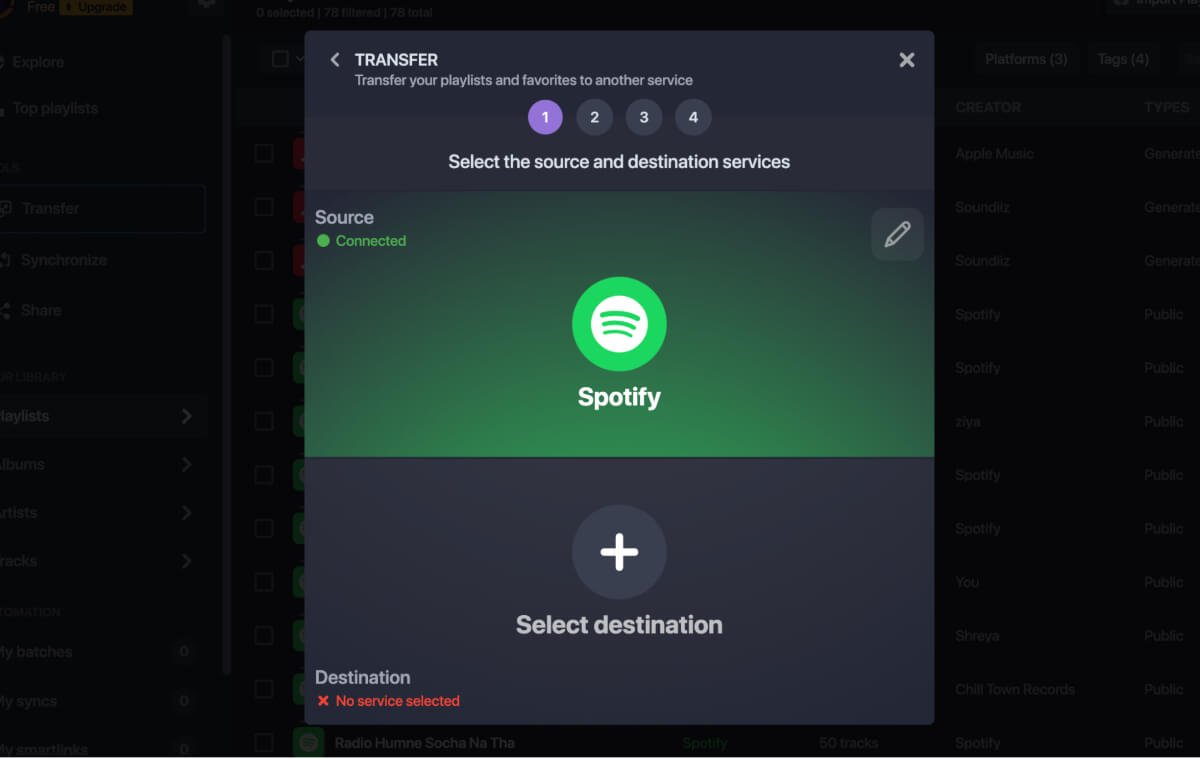 Выберите пункт назначения для передачи плейлиста Spotify в Apple Music