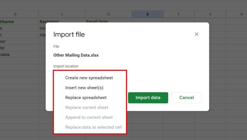 Выбор места импорта таблицы Excel в Google Sheets.