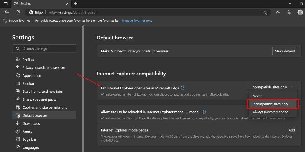 Параметры совместимости Internet Explorer в браузере Microsoft Edge.