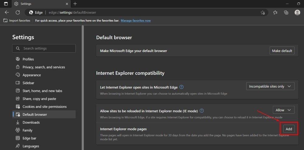 Параметр «Добавить» для «страниц режима Internet Explorer» в браузере Microsoft Edge.