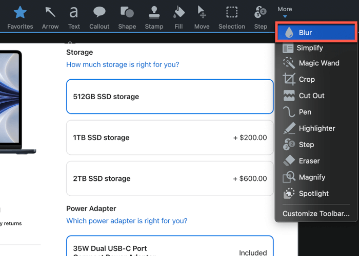 Выберите инструмент «Размытие» Snagit.