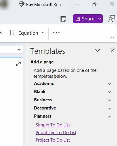 Выбор шаблонов в Onenote