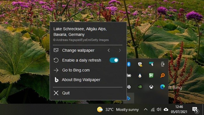 Установить фоновые обои Daily Bing в системном трее