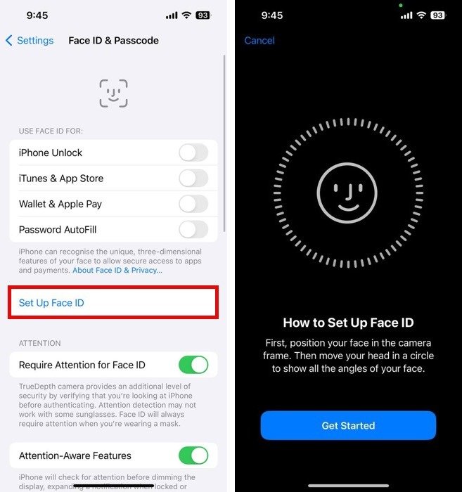 Настройте опцию Face Id и начните работу с кнопкой настройки Face Id