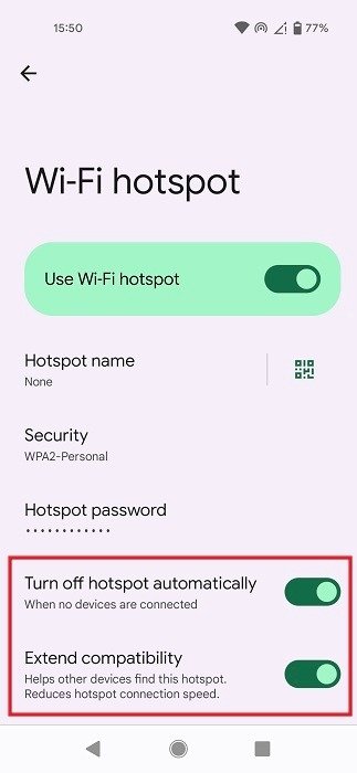 Дополнительные функции в разделе «Точка доступа Wi-Fi», включая «Автоматическое отключение точки доступа» или «Расширение совместимости».