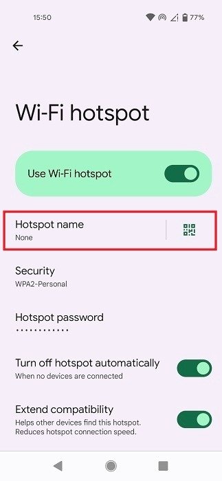 Включите опцию «Использовать точку доступа Wi-Fi», а затем выберите имя для точки доступа.