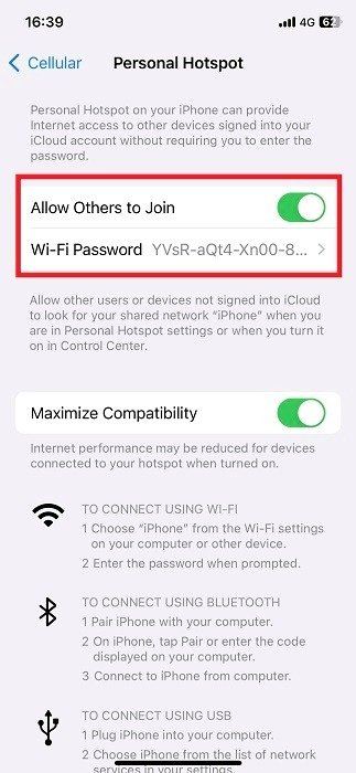 Пароль Wi-Fi автоматически генерируется для точки доступа на iOS.