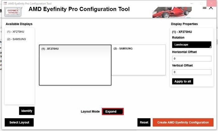 Нажатие кнопки «Развернуть» в инструменте конфигурации AMD Eyefinity Pro.