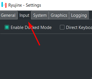 Открытие вкладки «Ввод» в меню настроек Ryujinx
