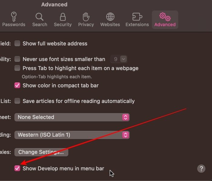 Показывать меню «Разработка» в строке меню в настройках Safari