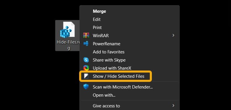 Опция «Показать/скрыть выбранные файлы» отображается в контекстном меню.