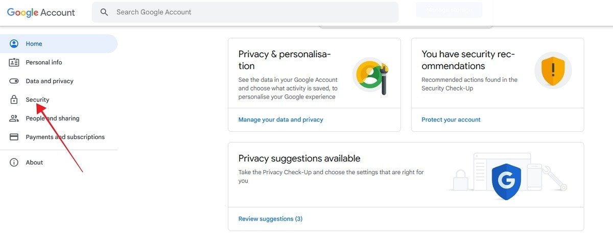 Нажмите «Безопасность» на странице учетной записи Google.