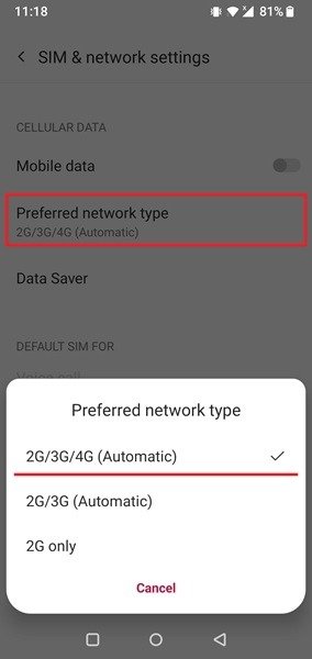 Выбор предпочтительного типа сети на телефоне Android.