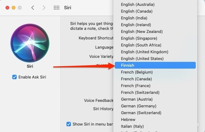 Siri Изменить язык Mac выделен