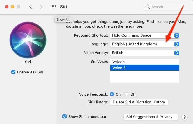 Siri изменить язык на Mac