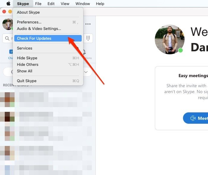 Проверка обновлений Skype для Mac
