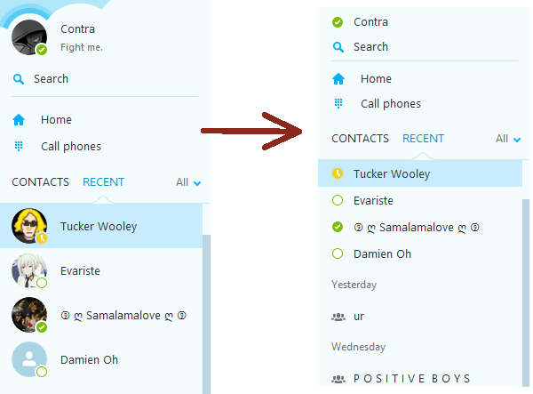 Исправление просмотра контактов в Скайпе: от того к этому.
