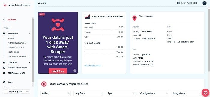 Приветственная панель обзора Smartproxy