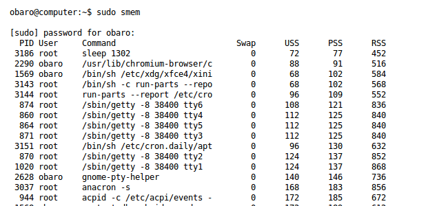 Запуск smem от имени root.