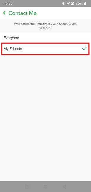 Конфиденциальность Snapchat Контакт только с друзьями