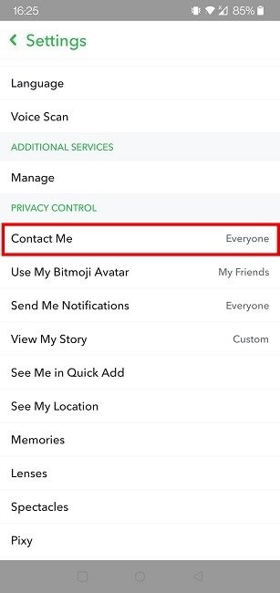 Настройки конфиденциальности Snapchat Свяжитесь со мной