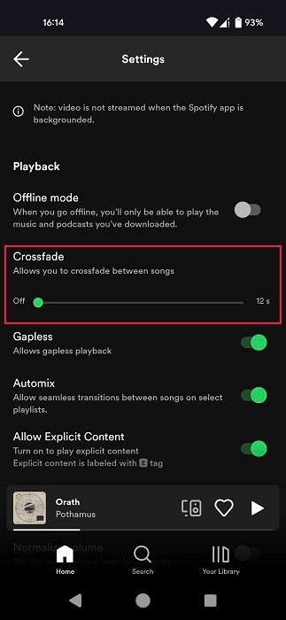 Ползунок Crossfade отображается в приложении Spotify для Android.