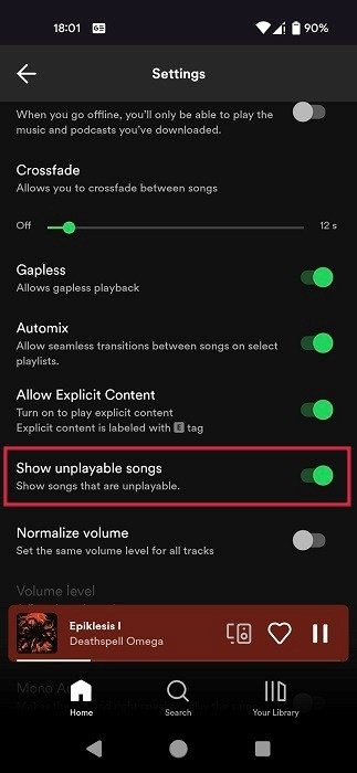 Включение опции «Показать невоспроизводимые песни» в приложении Spotify для Android.