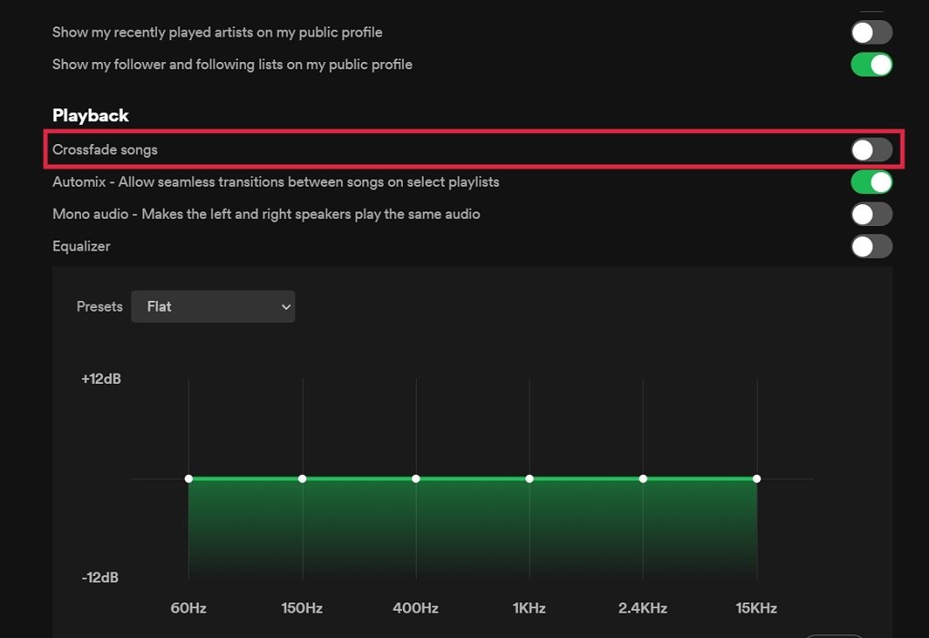 Отключение опции «Перекрестное затухание песен» в клиенте Spotify для настольных компьютеров.