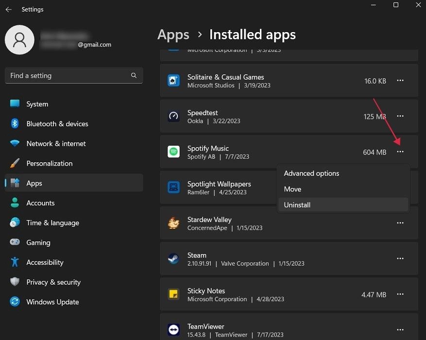 Нажмите на три точки рядом с приложением Spotify Music в установленных приложениях.
