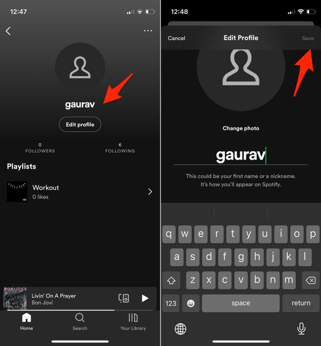 Меню изменения имени Spotify Mobile