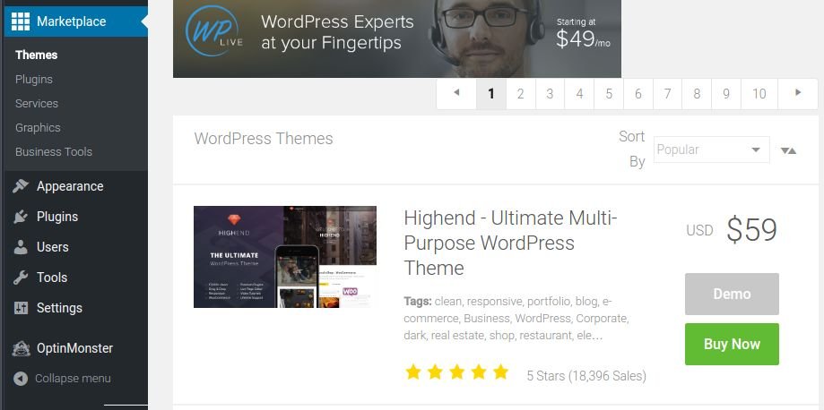 Bluehost Marketplace через панель управления WordPress.