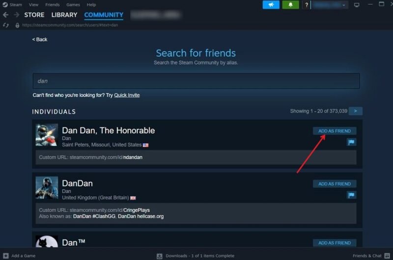 Нажатие кнопки «Добавить в друзья» в клиенте Steam для ПК.