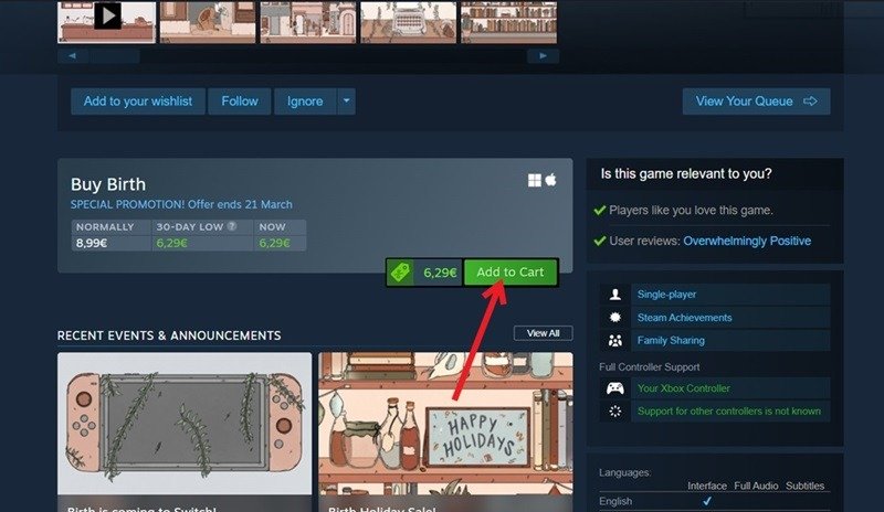 Нажмите кнопку «Добавить в корзину» в клиенте Steam для ПК.