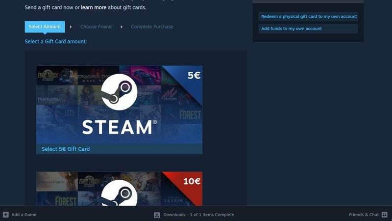 Выбор суммы подарочной карты Steam на рабочем столе.