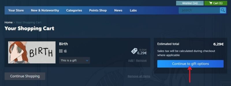 Нажмите кнопку «Продолжить выбор подарков» в клиенте Steam для ПК.