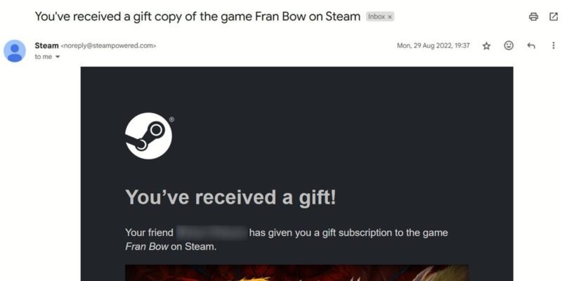 Оповещение Steam о новом подарке приходит по электронной почте.