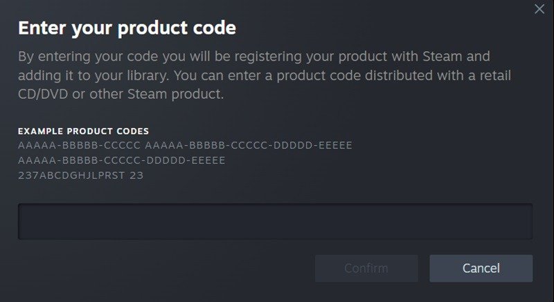 Ввод кода продукта в настольный клиент Steam.