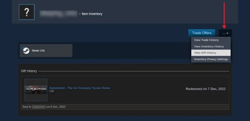 Нажмите кнопку «Просмотреть историю подарков» в клиенте Steam для ПК.