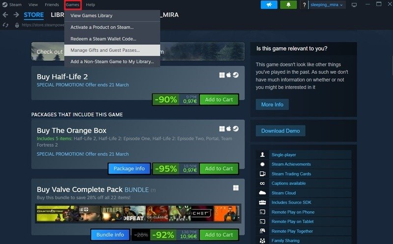 Нажмите «Управление подарками и гостевыми пропусками» в клиенте Steam для ПК.