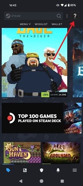 Нажатие на изображение профиля в приложении Steam.